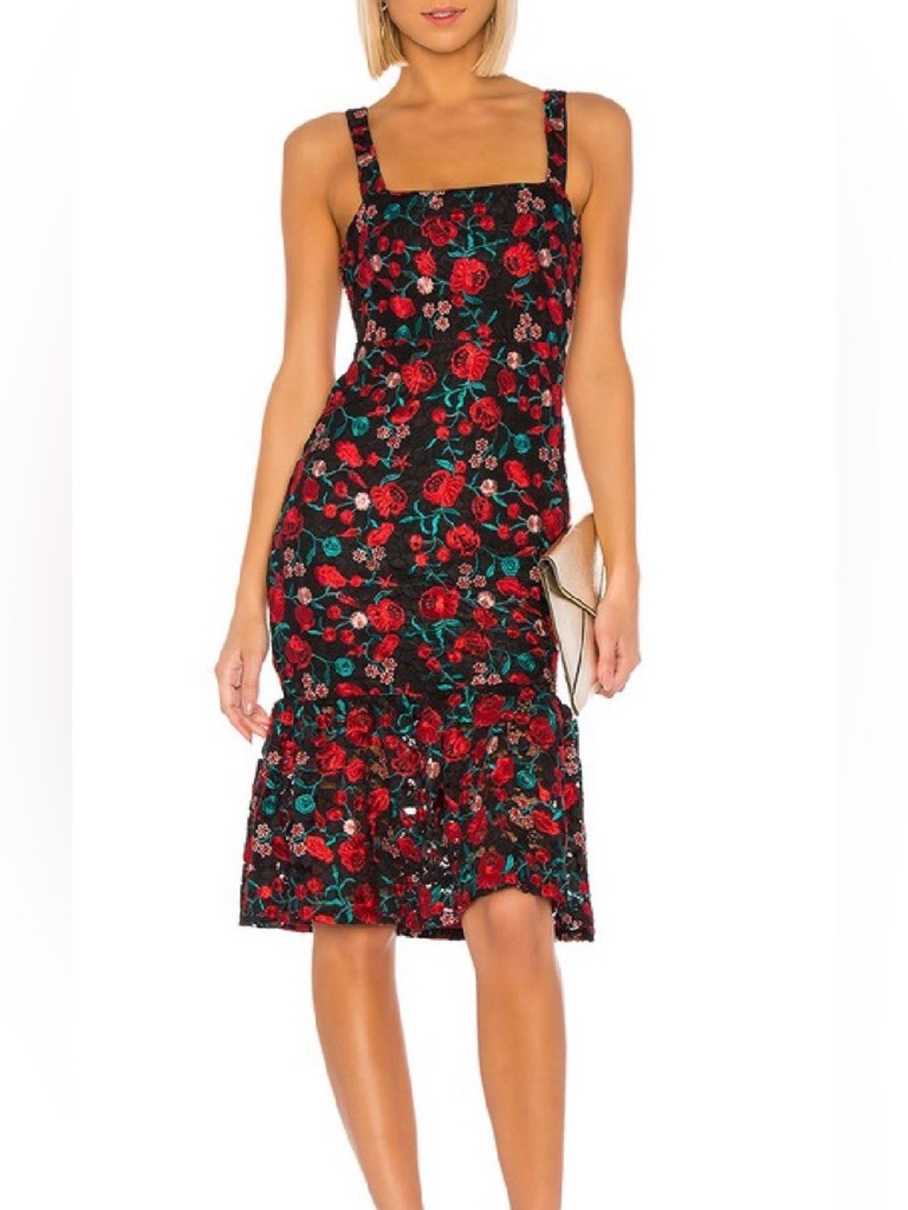 Lovers + Friends Elegant Under The Stars Black and Red Floral Midi Dress Small